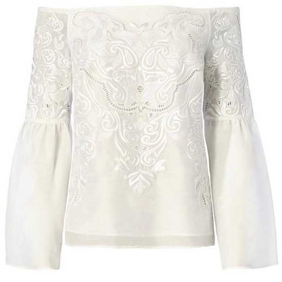 Intermix Aaron embroidered off shoulder top white lace bell sleeve Medium #U31 - Picture 2 of 9